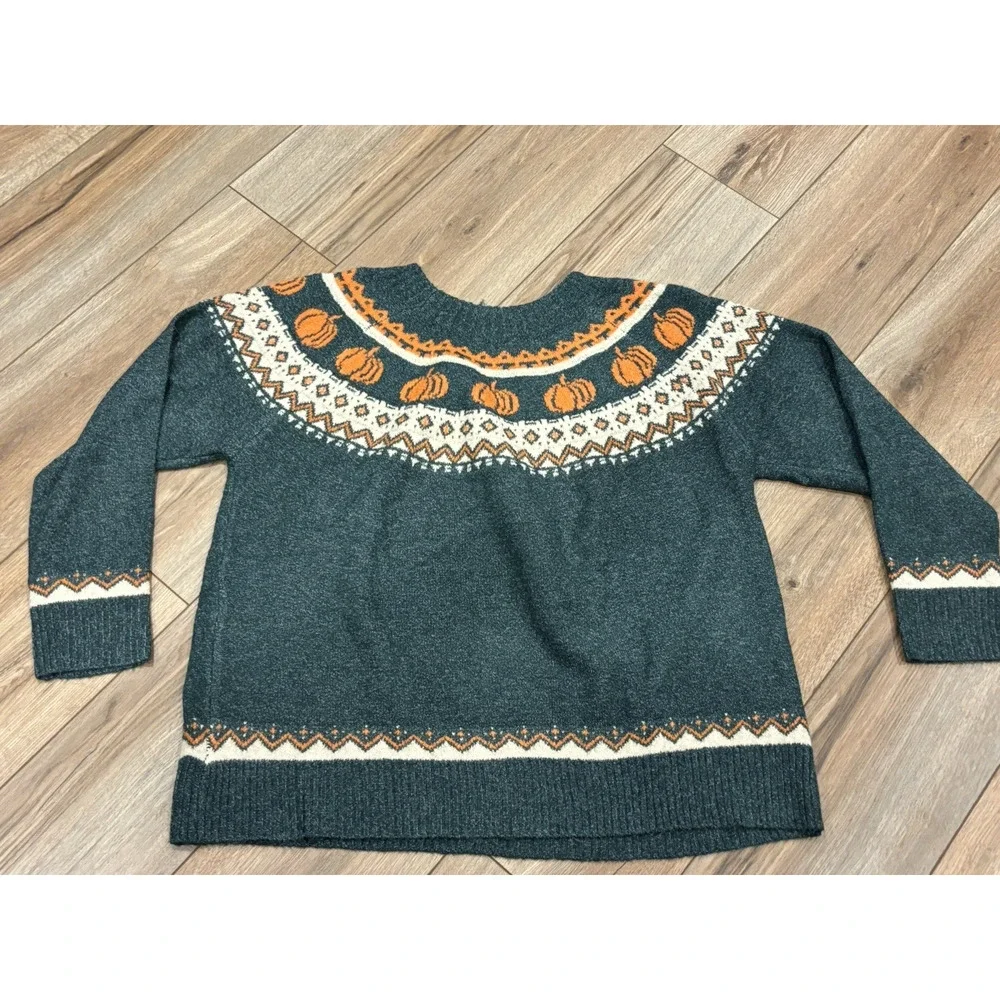 Maurices Cozy Pumpkin Fair Isle Sweater Green and Orange & Socks - Picture 5 of 5